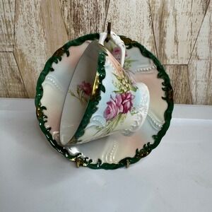 Weimar Germany Porcelain Tea Cup and Saucer Set Pink Rose Green Gold Trim
